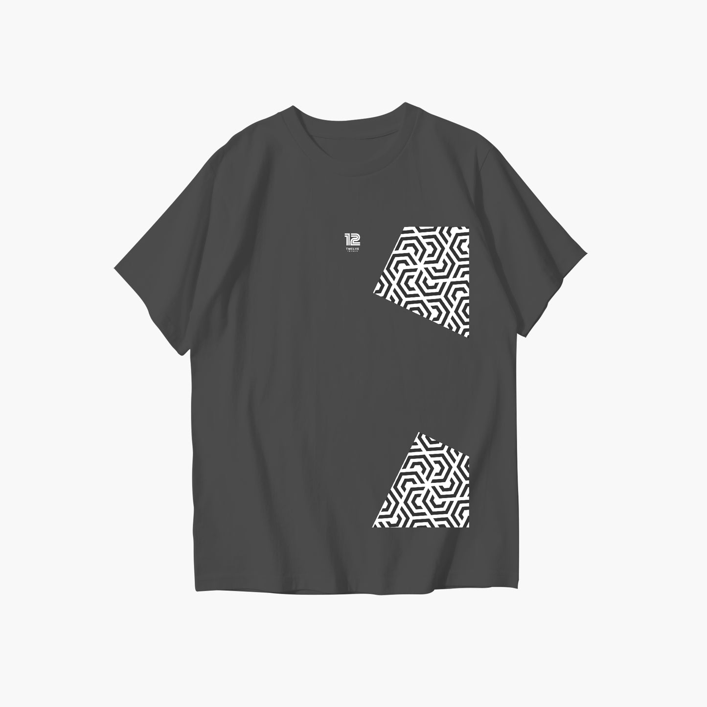 Black t-shirt with white geometric patterns on a white background
