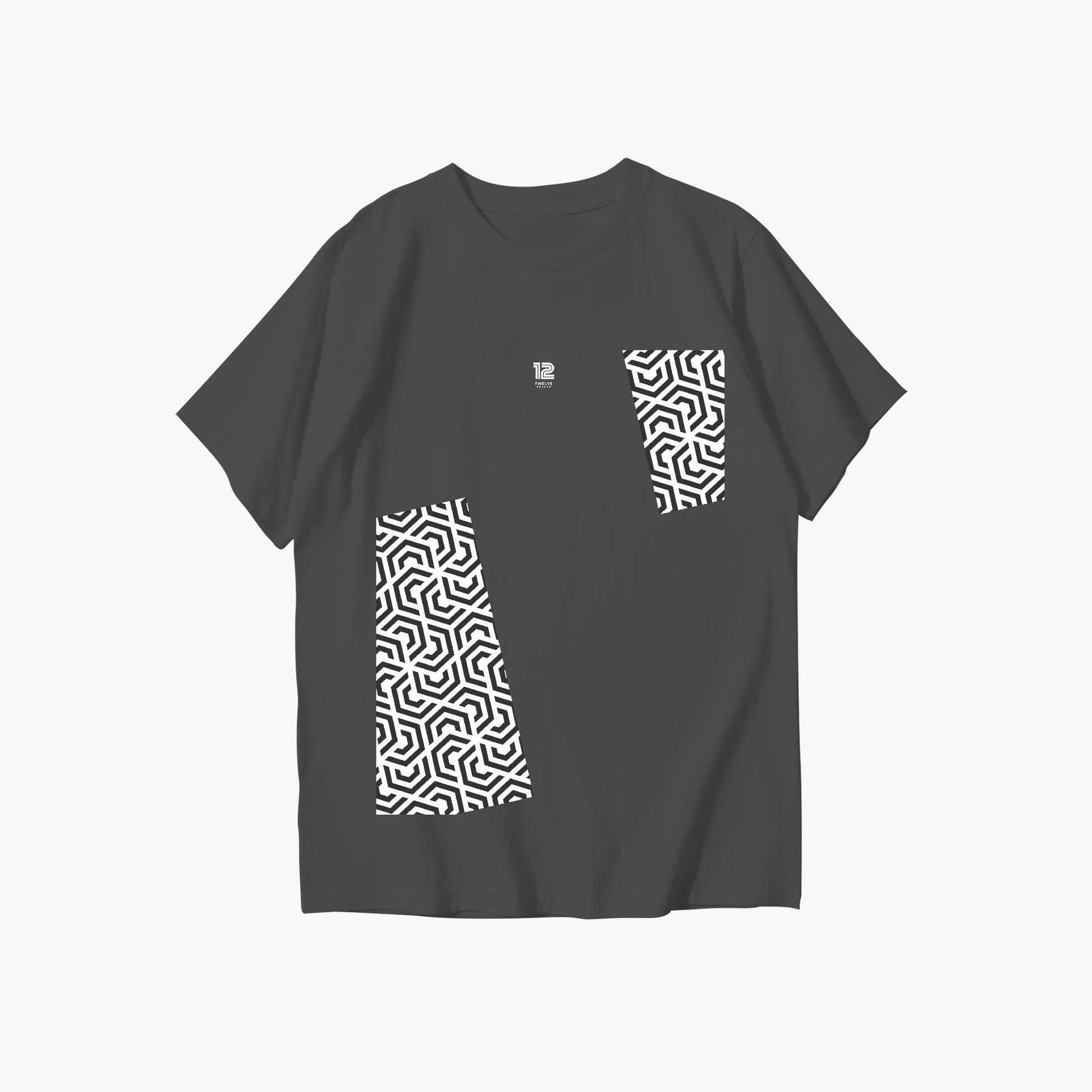 Black t-shirt with white geometric pattern on a white background
