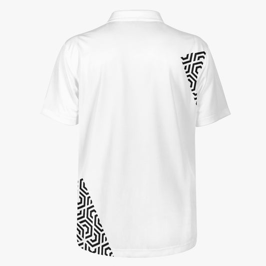 White polo shirt with black geometric pattern on sleeves and back on a white background