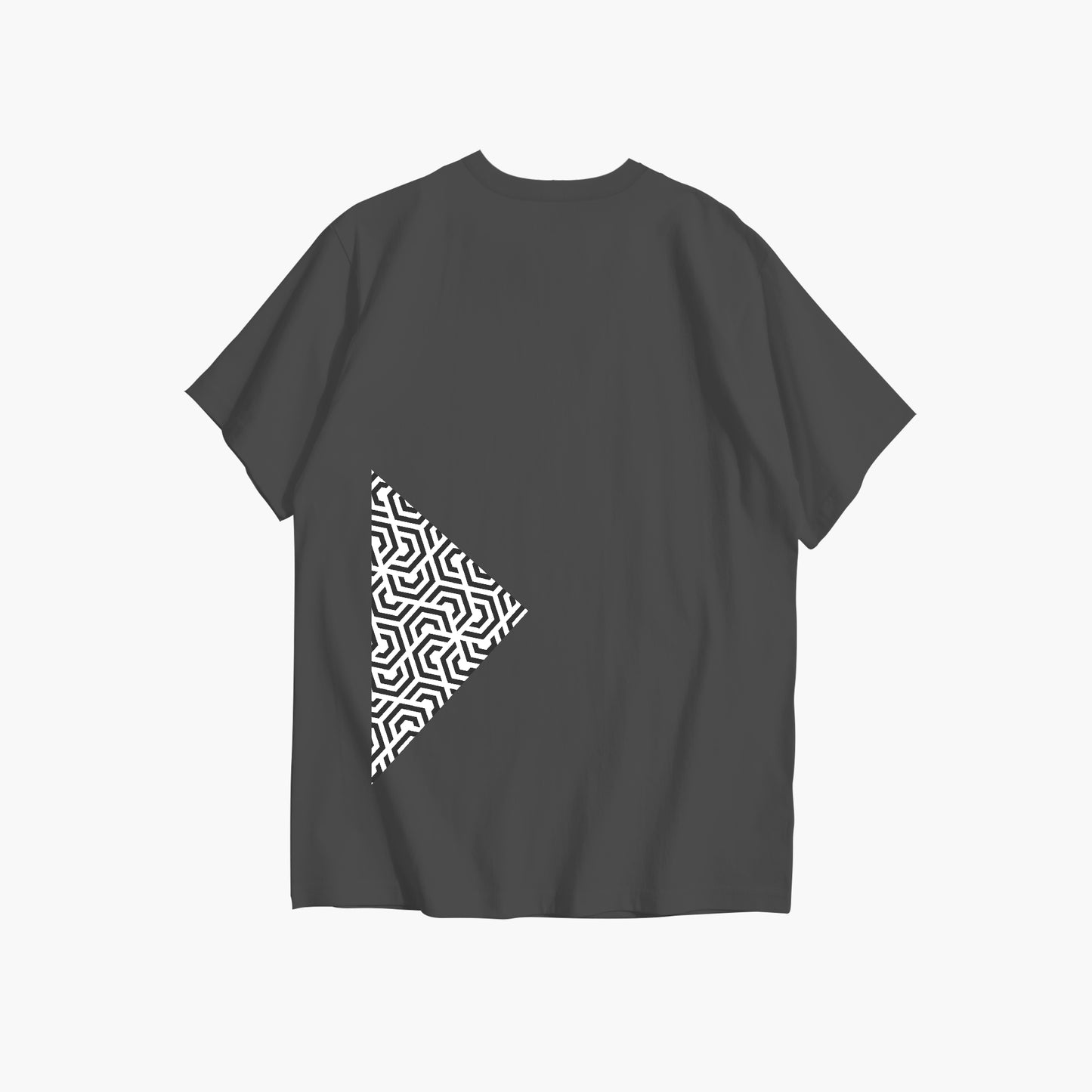 Black t-shirt with a white geometric pattern on the back against a white background