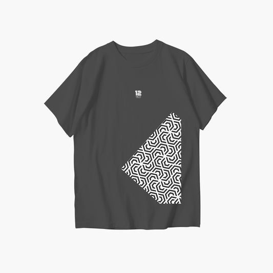 Black t-shirt with a white geometric pattern on a white background