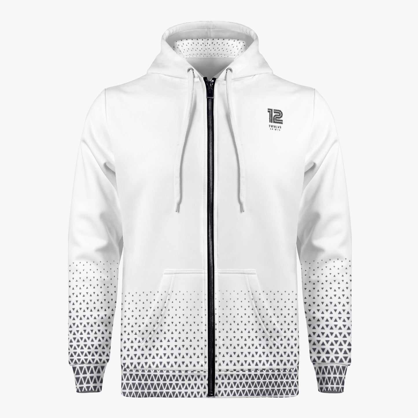 White hoodie with geometric pattern on cuffs and collar, brand logo visible.