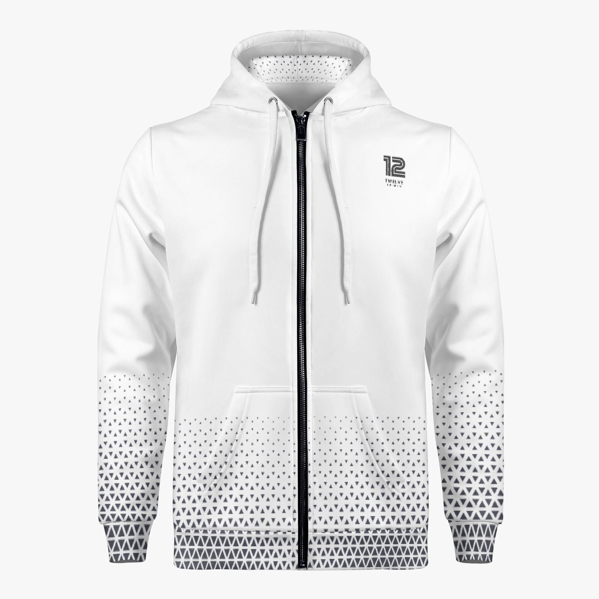 White hoodie with geometric pattern on cuffs and collar, brand logo visible.