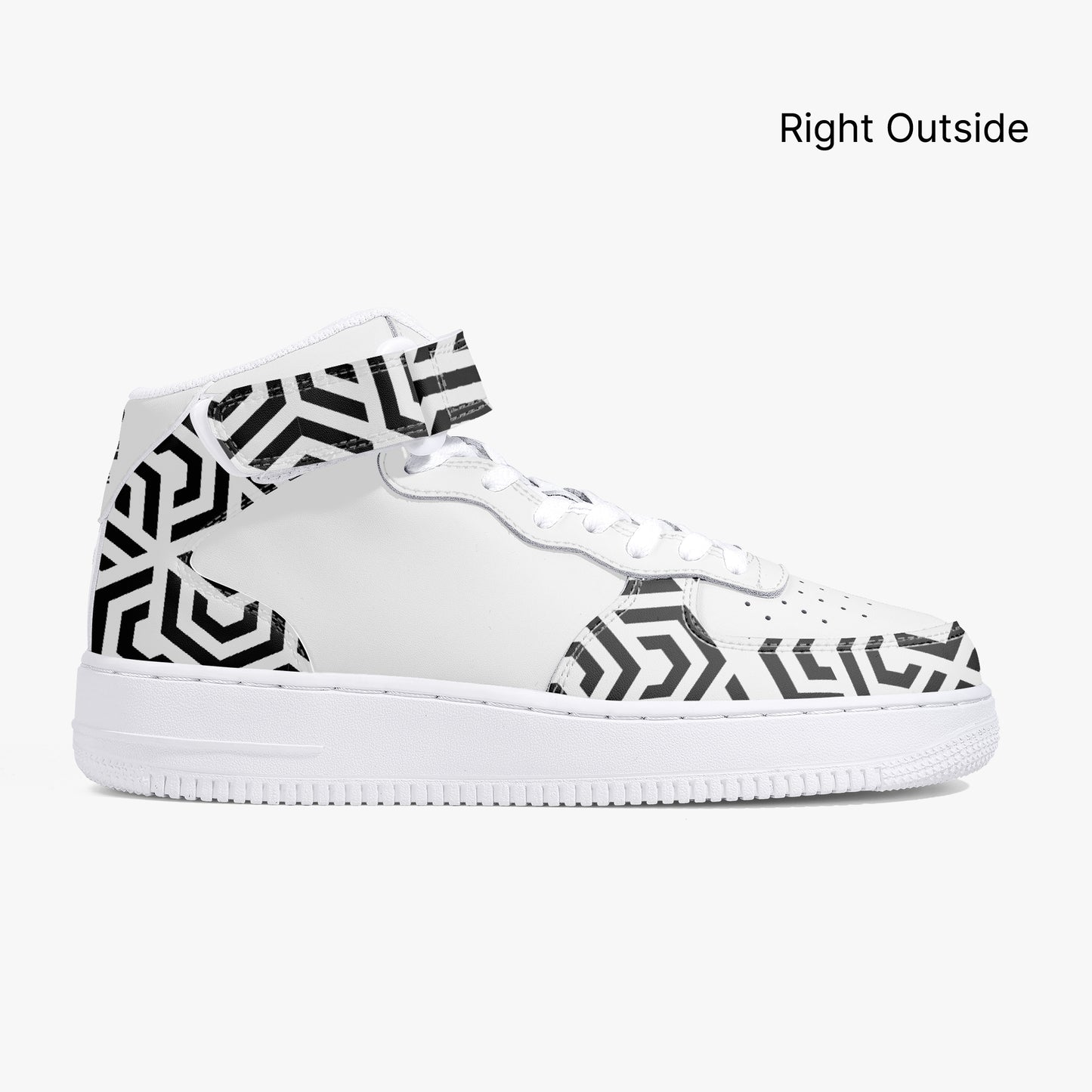 White sneaker with black geometric pattern on a white background