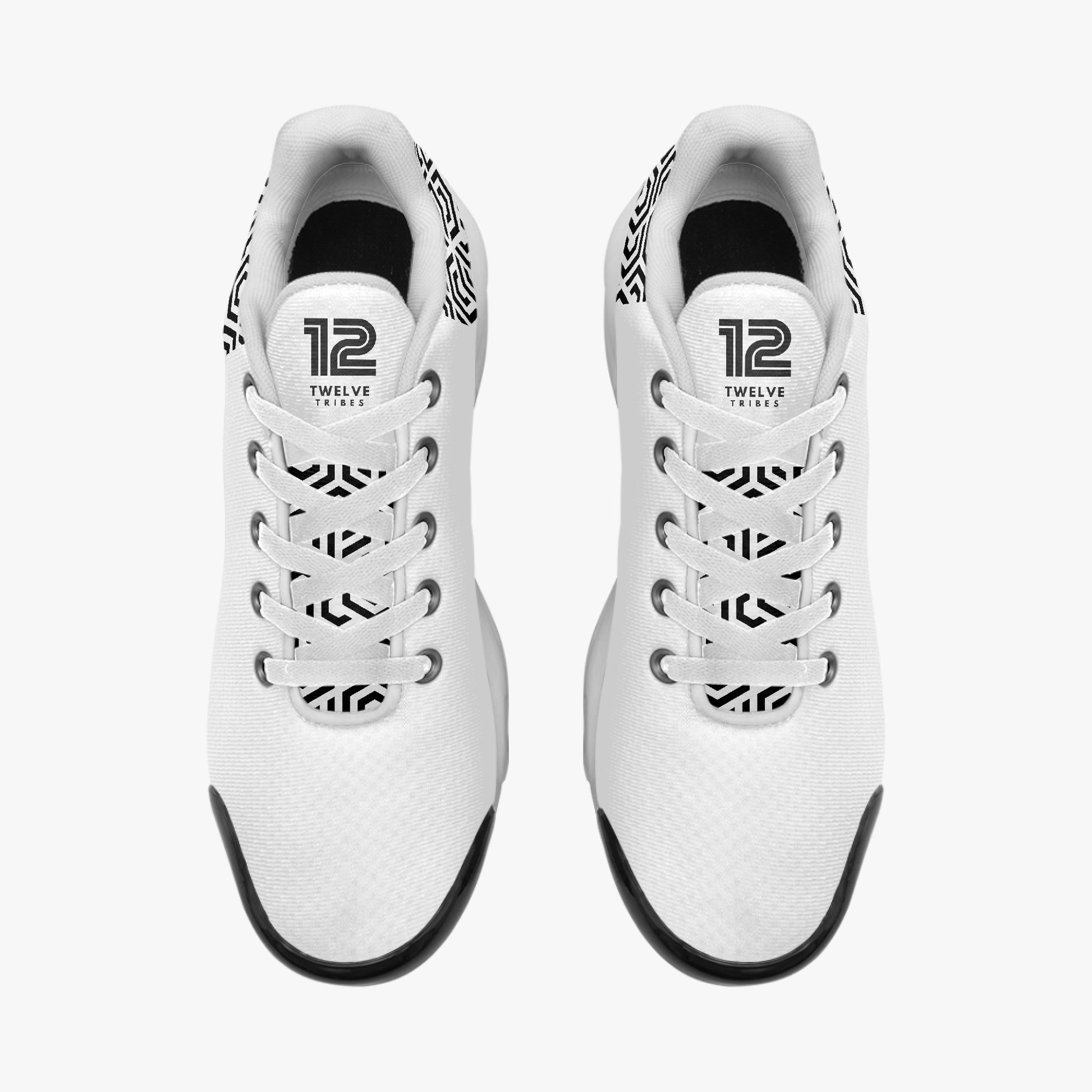 White sneakers with black accents and '12 Tribes' logo on a white background