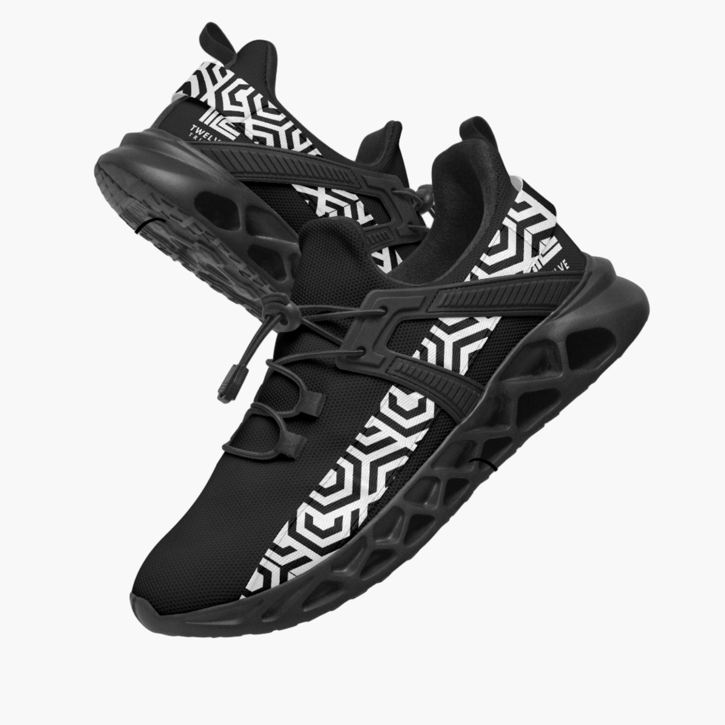 Black and white athletic shoes with geometric pattern, labeled 'Right Outside' and 'Left Outside'.