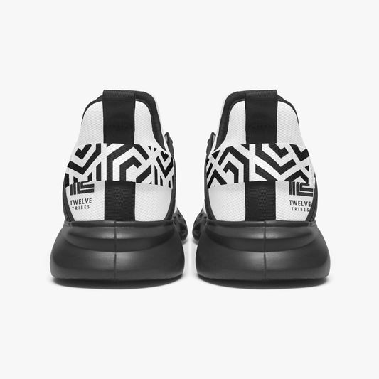 Black and white sneakers with geometric pattern on a white background