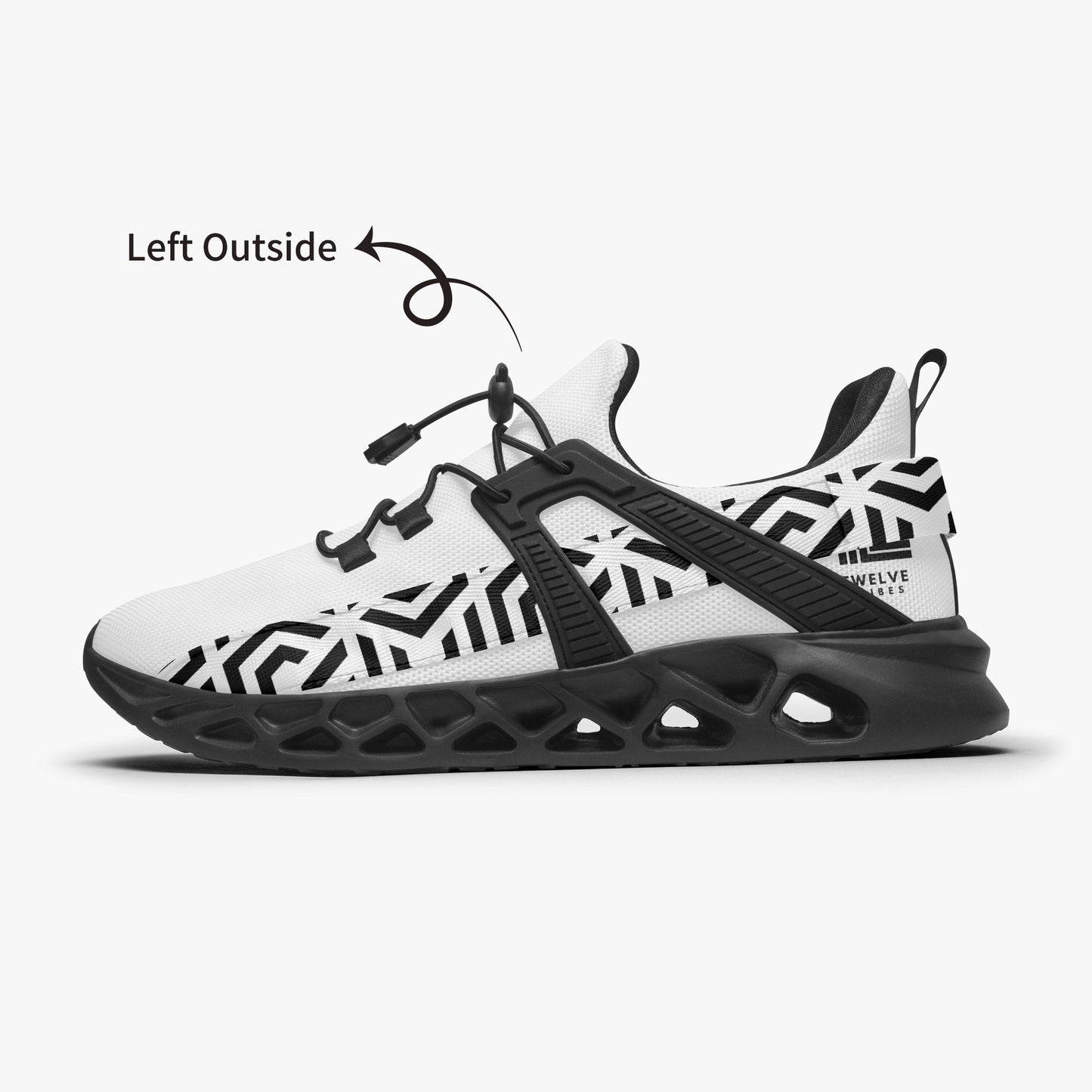 Black and white sneaker with geometric pattern on a white background