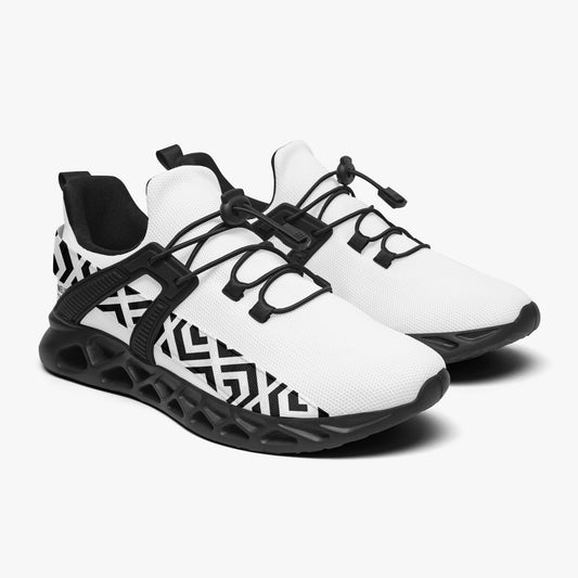 White sneakers with black geometric patterns and accents on a white background