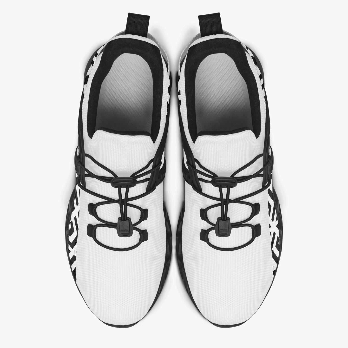 White sneakers with black accents on a white background