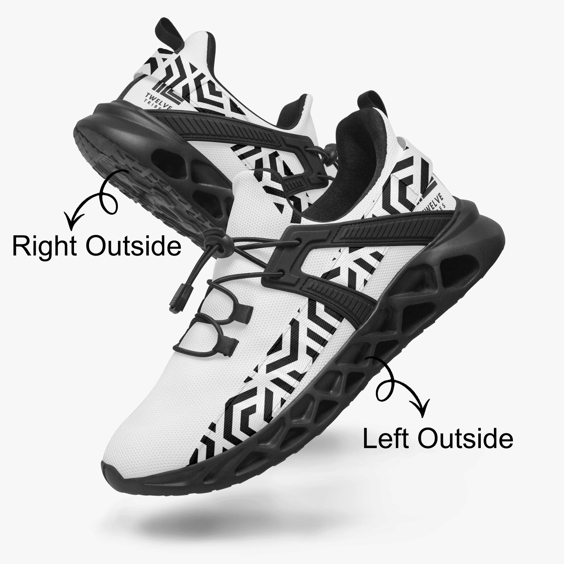 White and black athletic shoes with geometric patterns on a white background