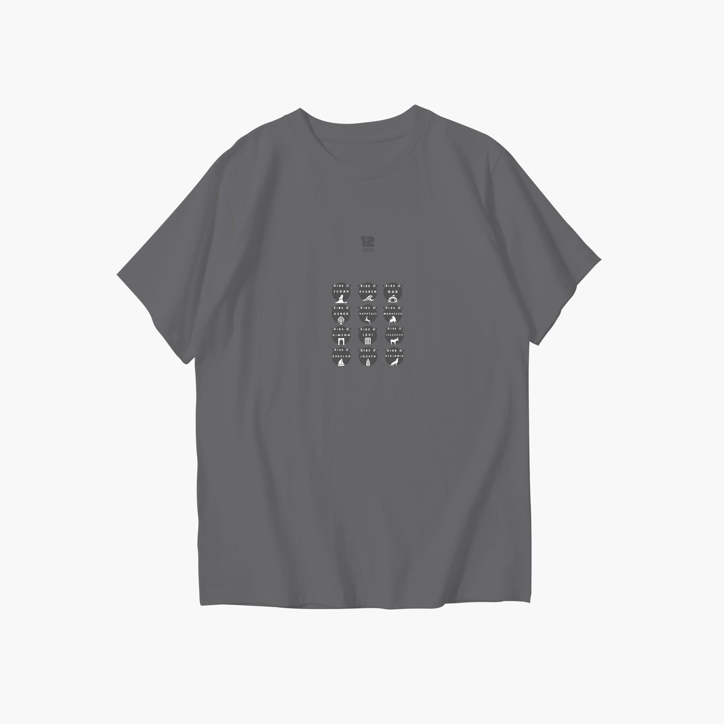 Gray t-shirt with small graphic on a white background