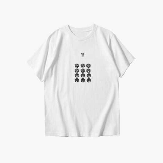 White t-shirt with black graphic design on a white background