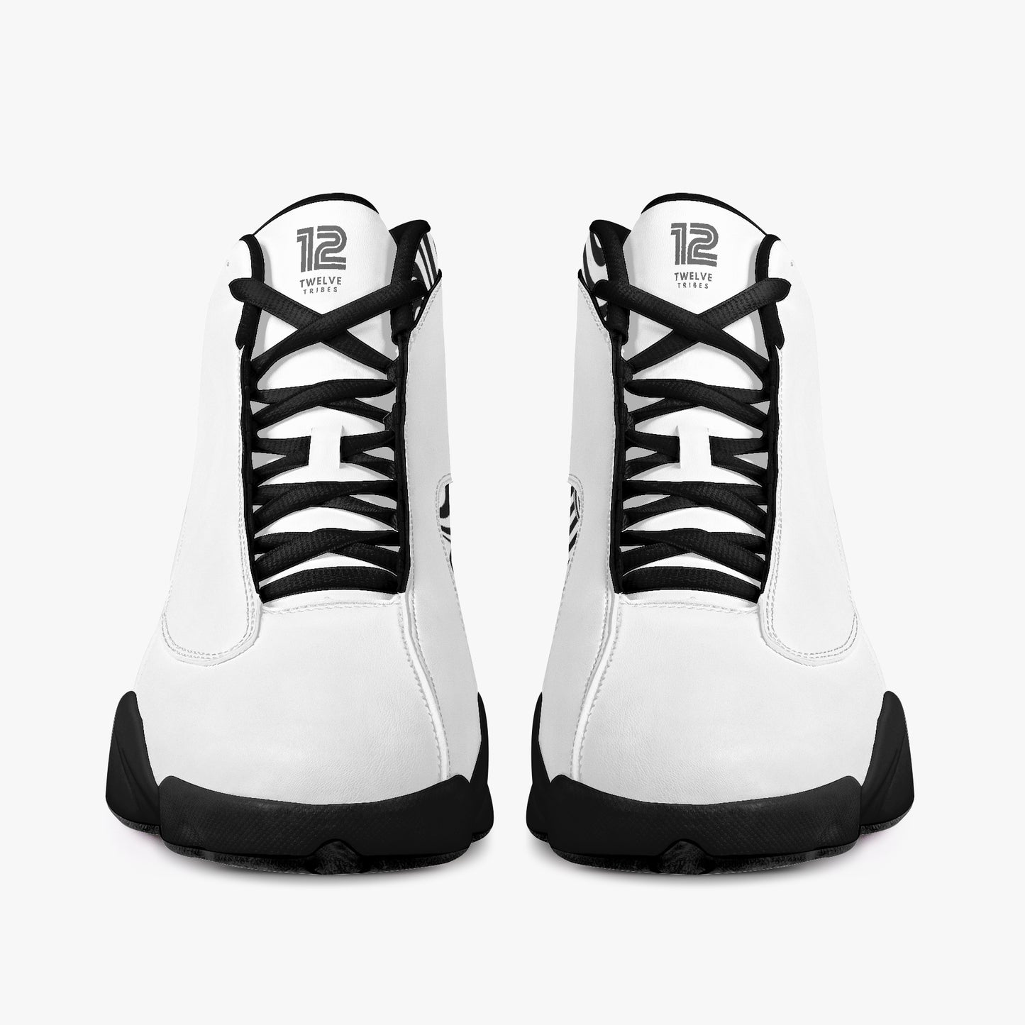 White high-top sneakers with black laces and sole on a white background