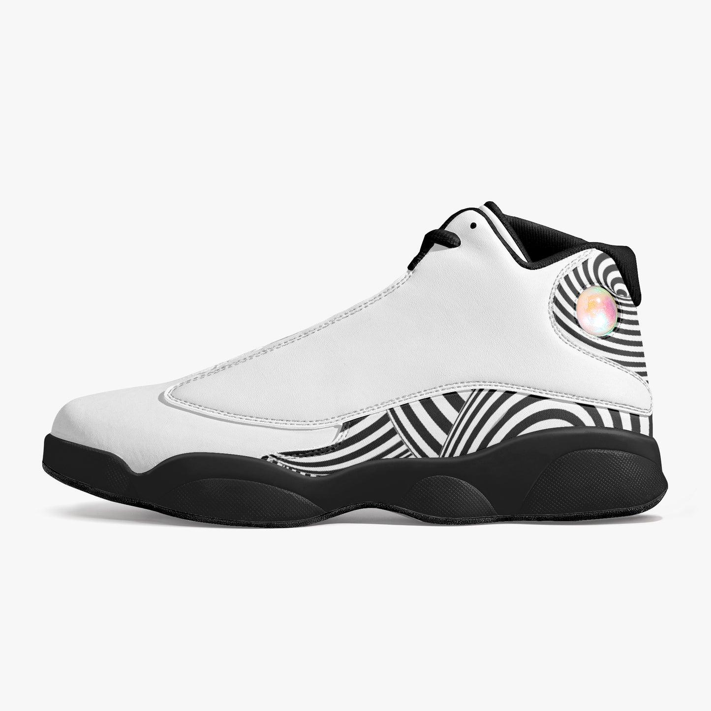 White high-top sneaker with black and white pattern on a white background