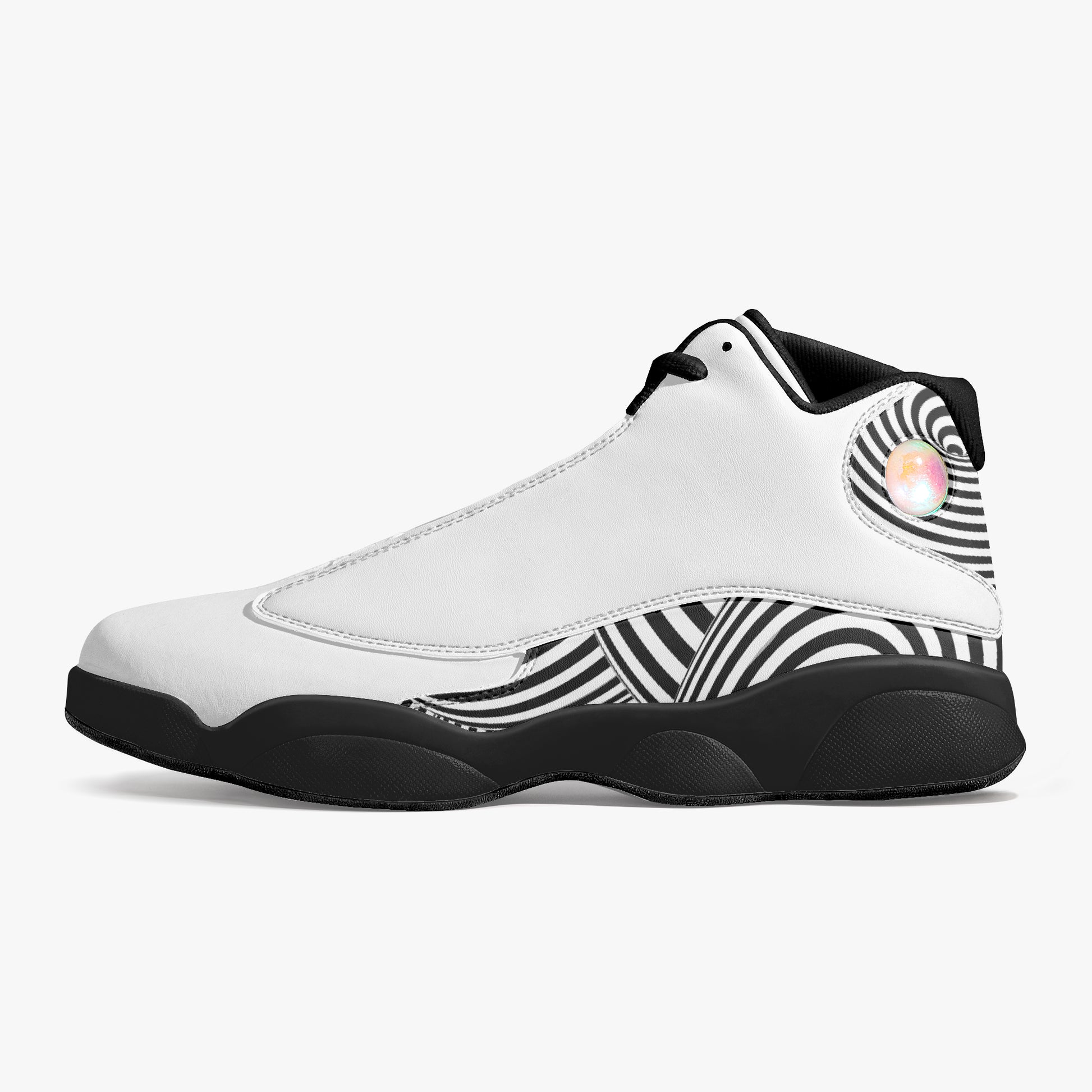 White high-top sneaker with black and white pattern on a white background