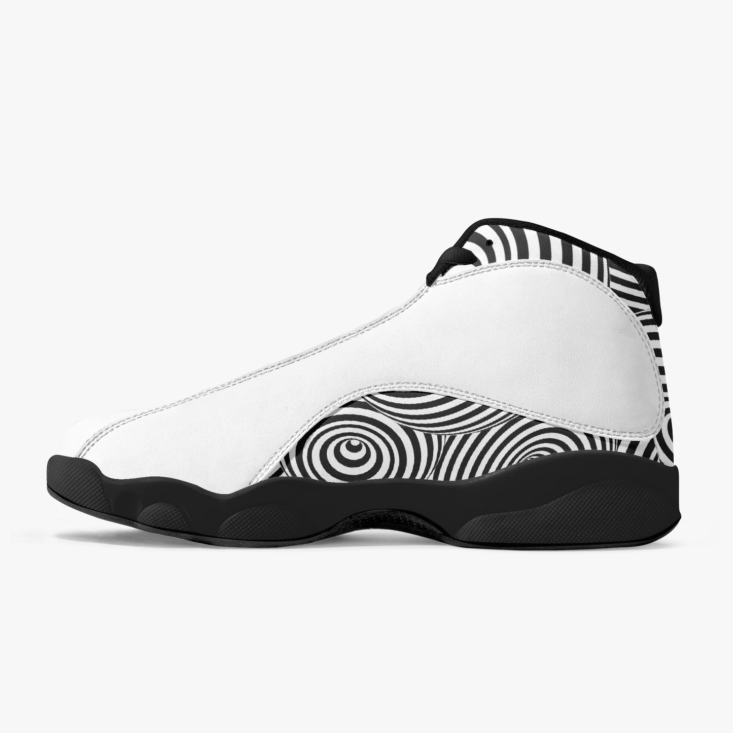 White high-top sneaker with black and white pattern on a white background