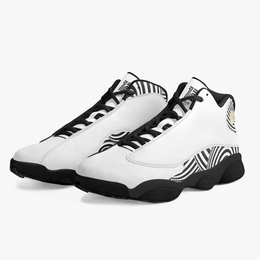 White high-top sneakers with black zebra pattern on a white background