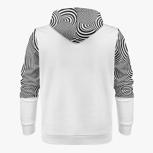White hoodie with black and white spiral pattern on sleeves and back