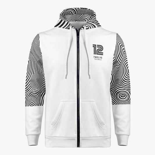 White hoodie with black and white patterned sleeves and '12 Twelve Tribes' logo on a white background