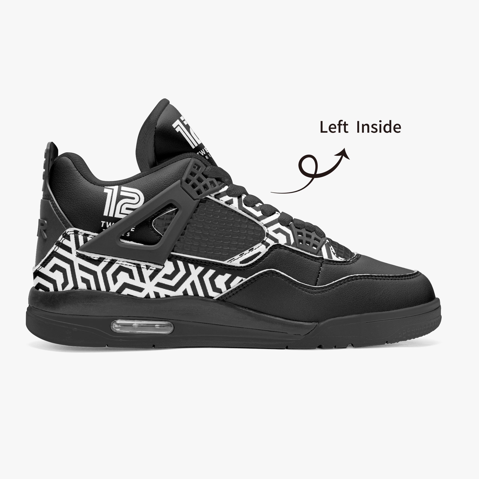 Black and white sneaker with geometric pattern on a white background