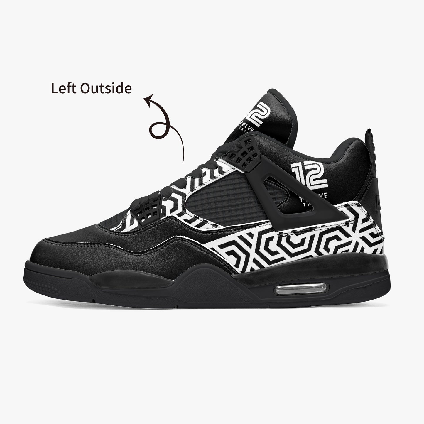 Black and white sneaker with geometric pattern on a white background