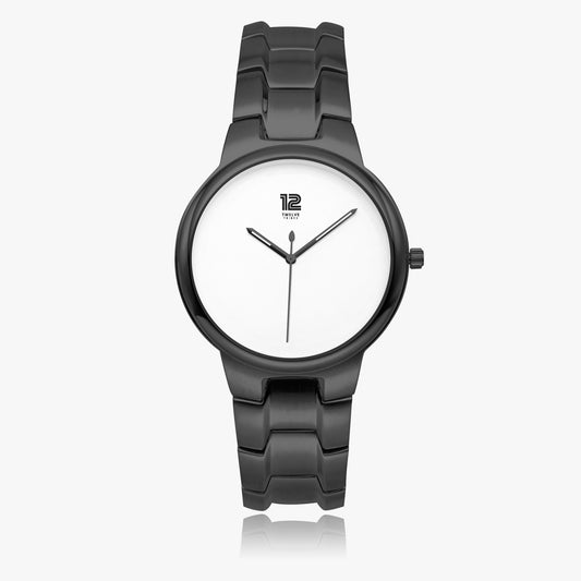 Black wristwatch with a white face on a white background