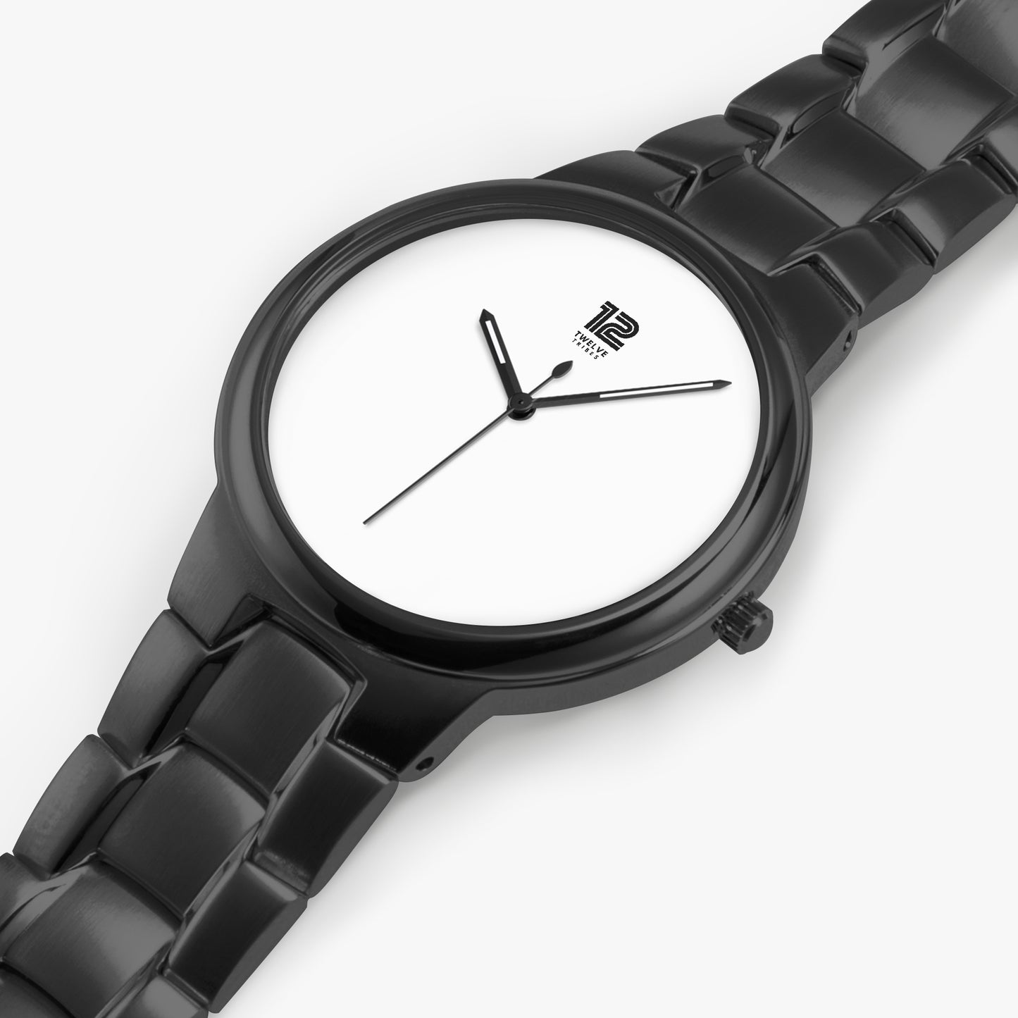 Black wristwatch with a white face on a white background