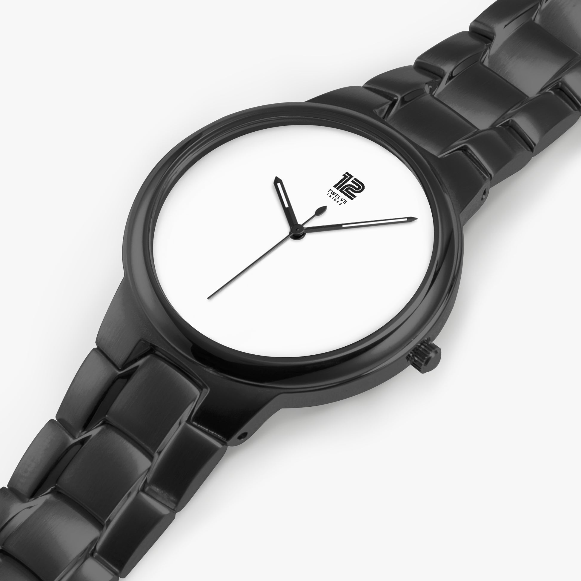 Black wristwatch with a white face on a white background