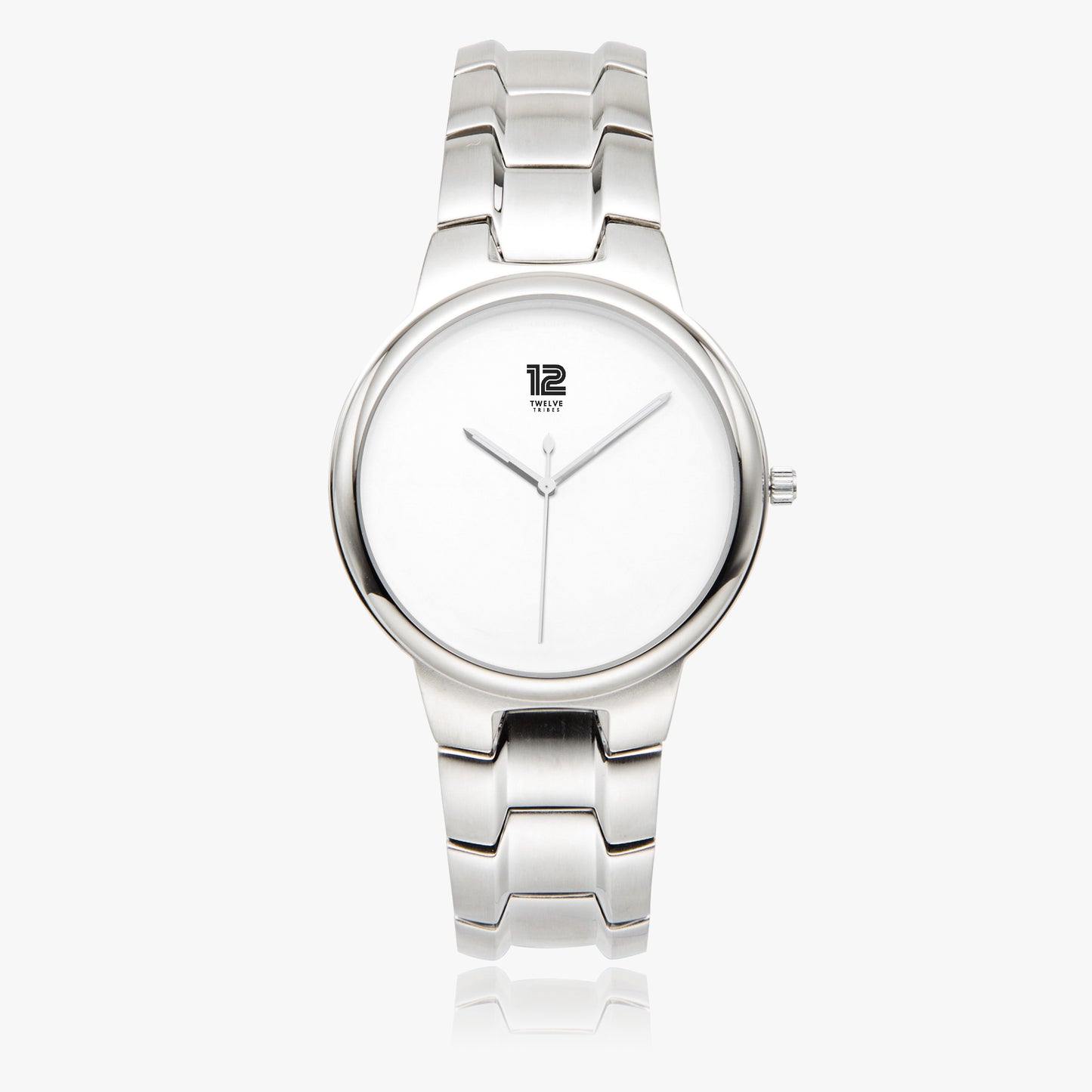 Silver watch with a white face on a white background