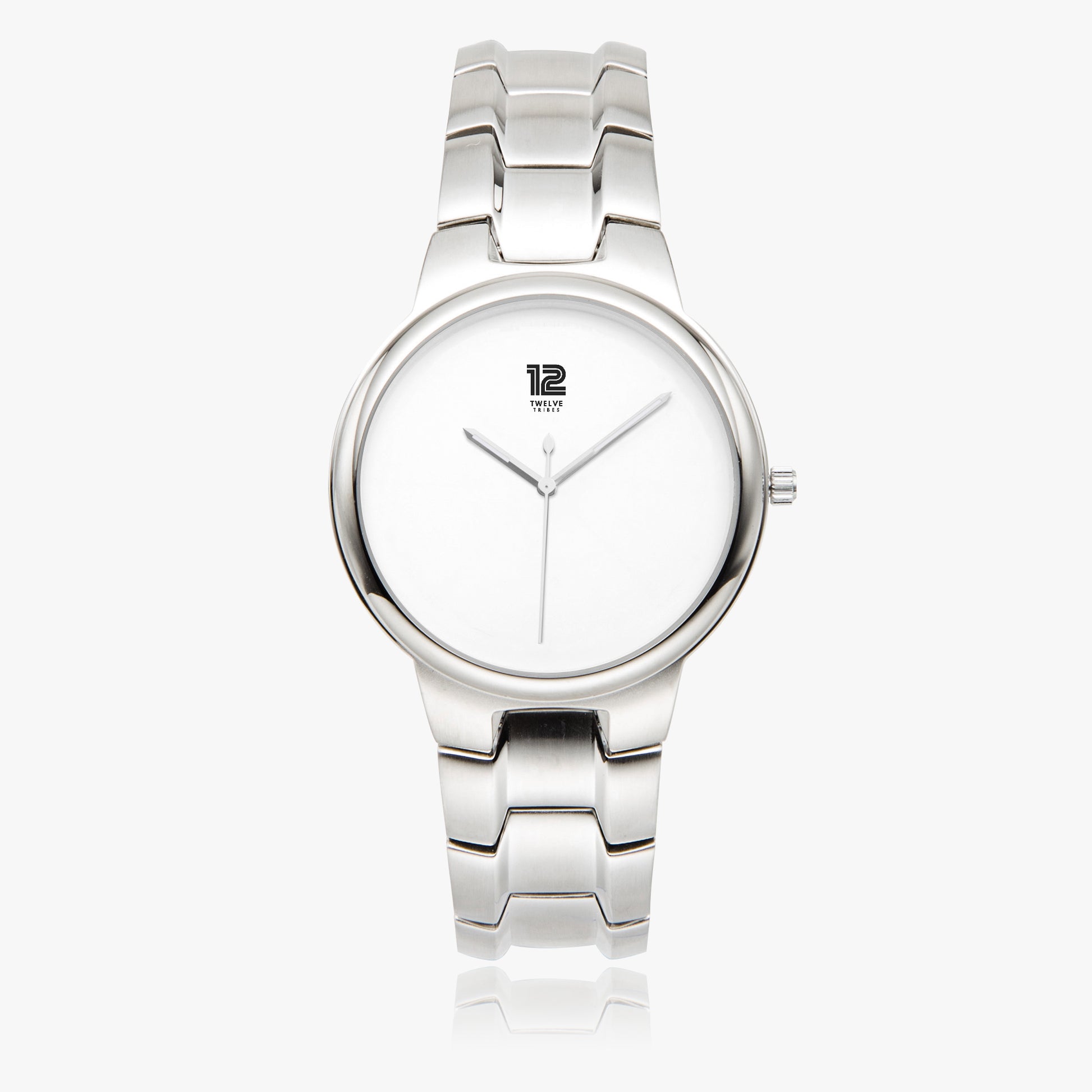 Silver watch with a white face on a white background