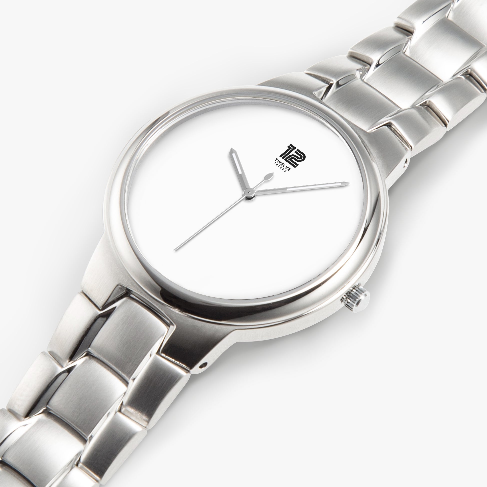 Silver wristwatch with a white face on a light gray background