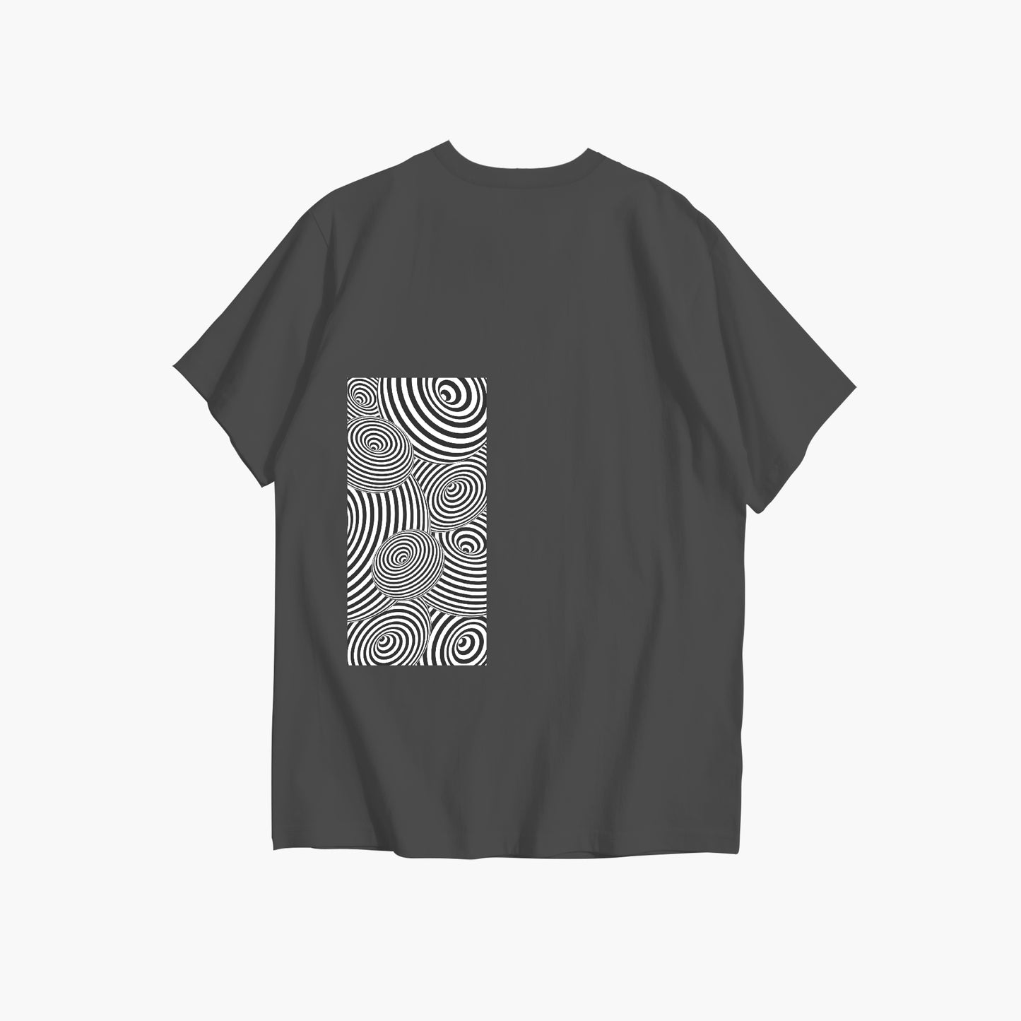 Black t-shirt with a white abstract pattern on the back against a white background