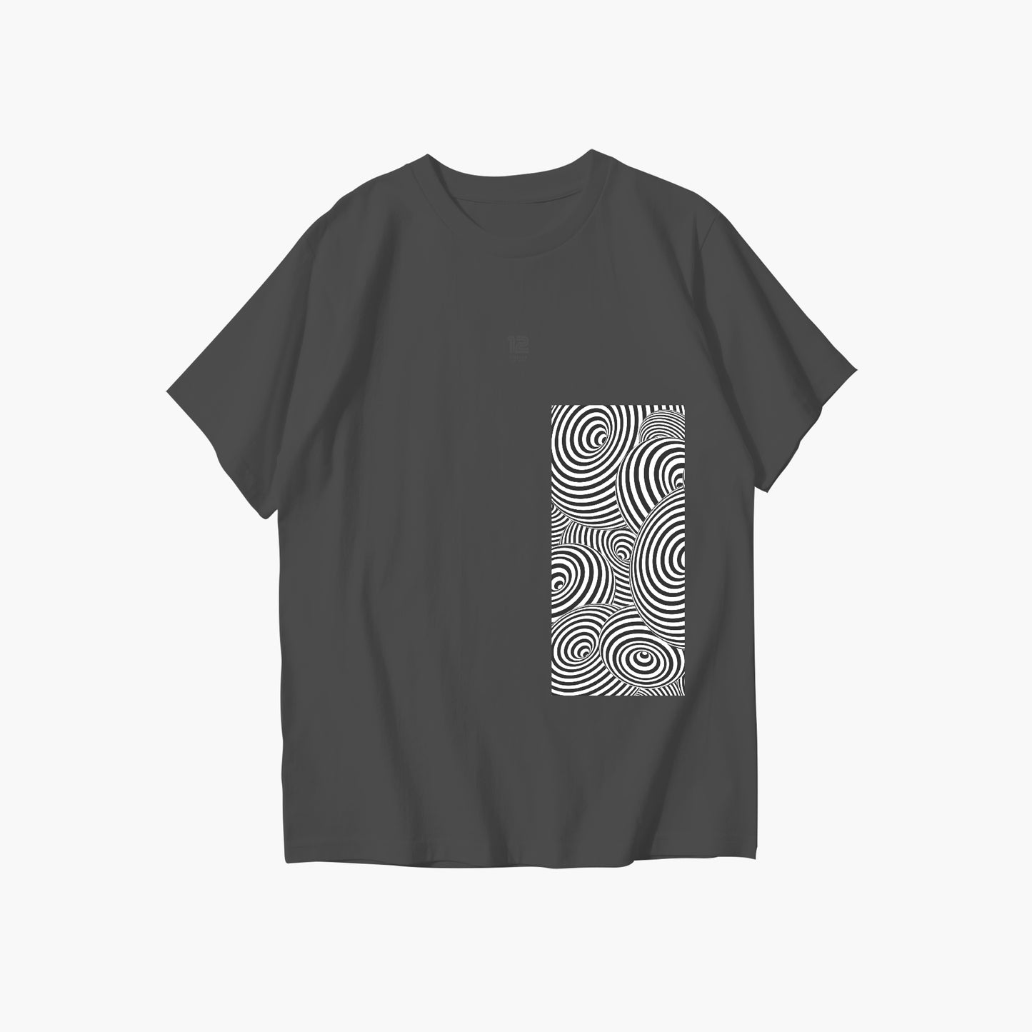 Black t-shirt with a white geometric pattern on a white background