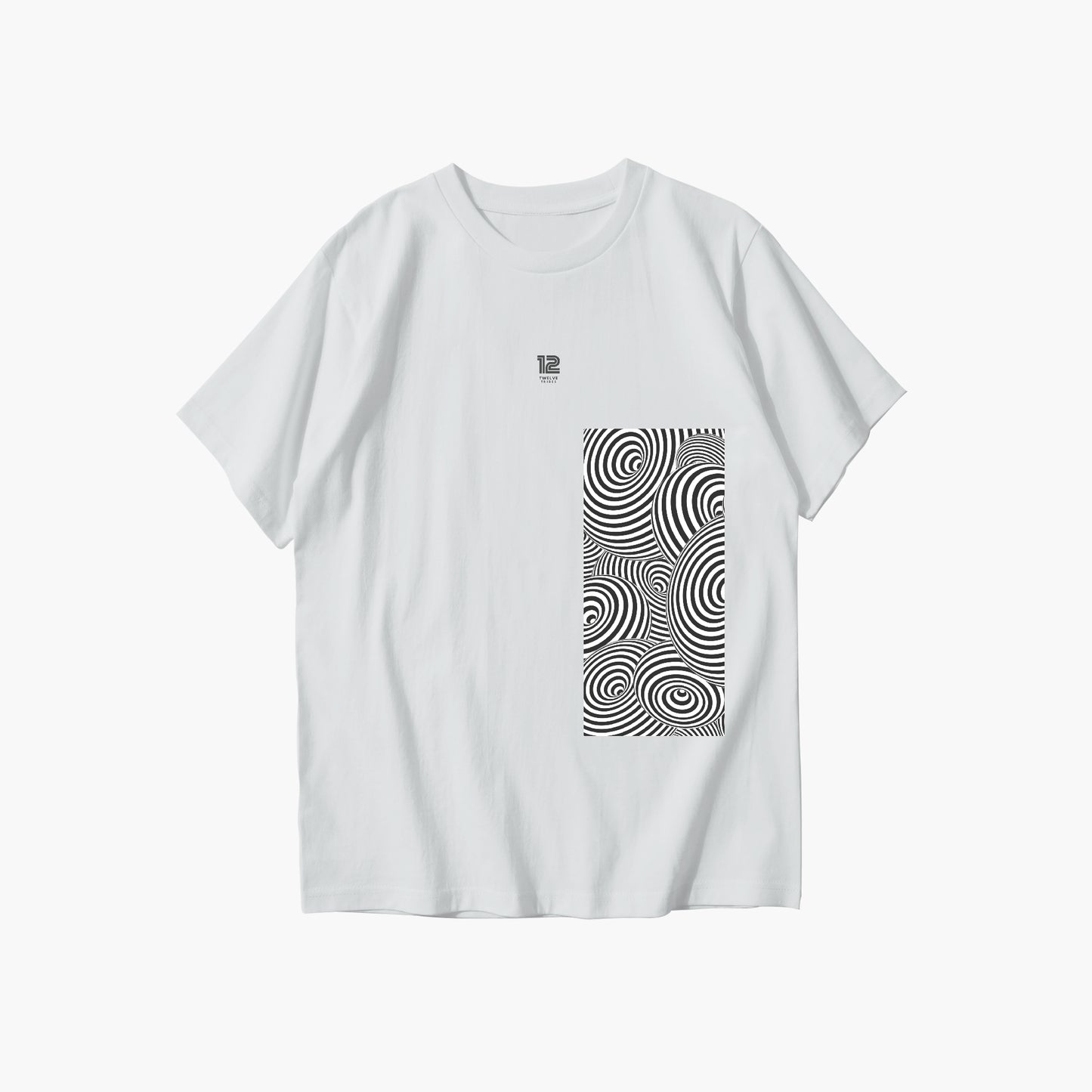 White t-shirt with black and white pattern on a white background