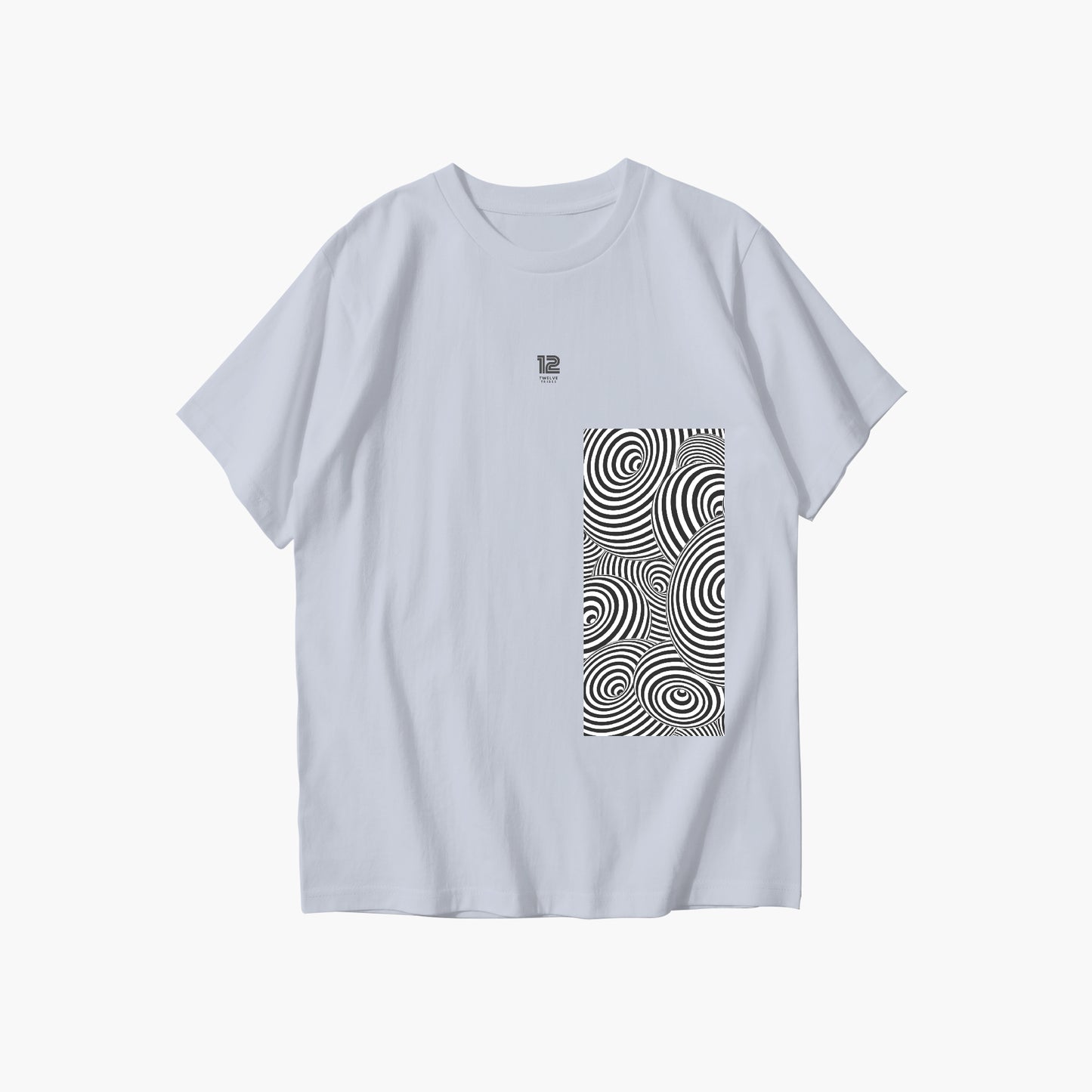 Light blue t-shirt with a black and white pattern on a white background