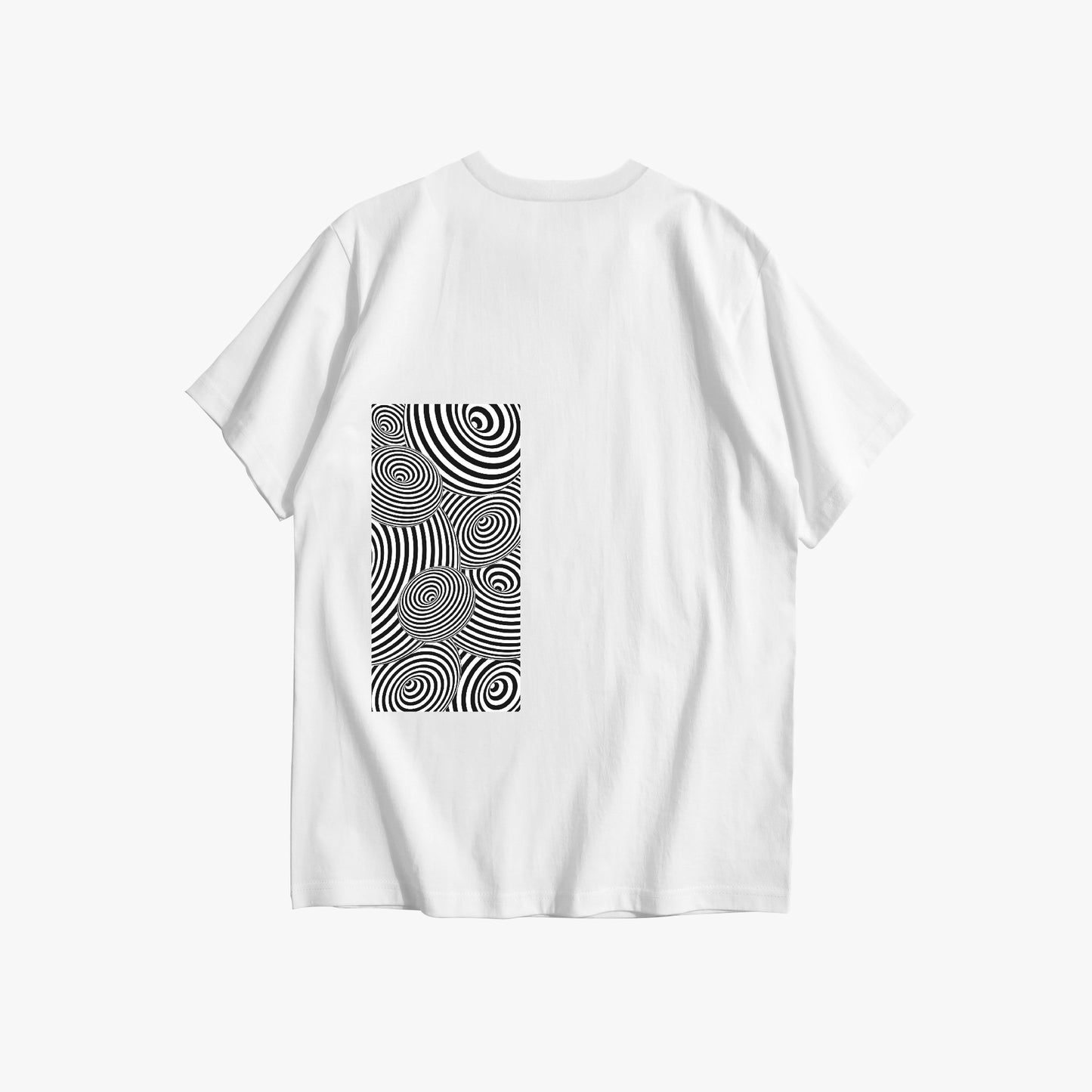 White t-shirt with black and white pattern on a white background
