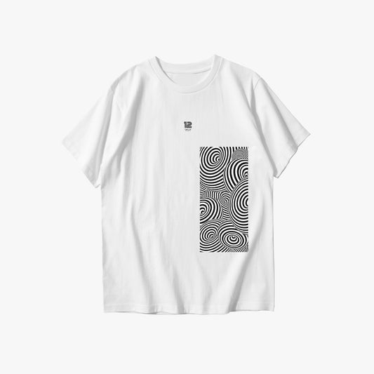 White t-shirt with a black and white pattern on a white background