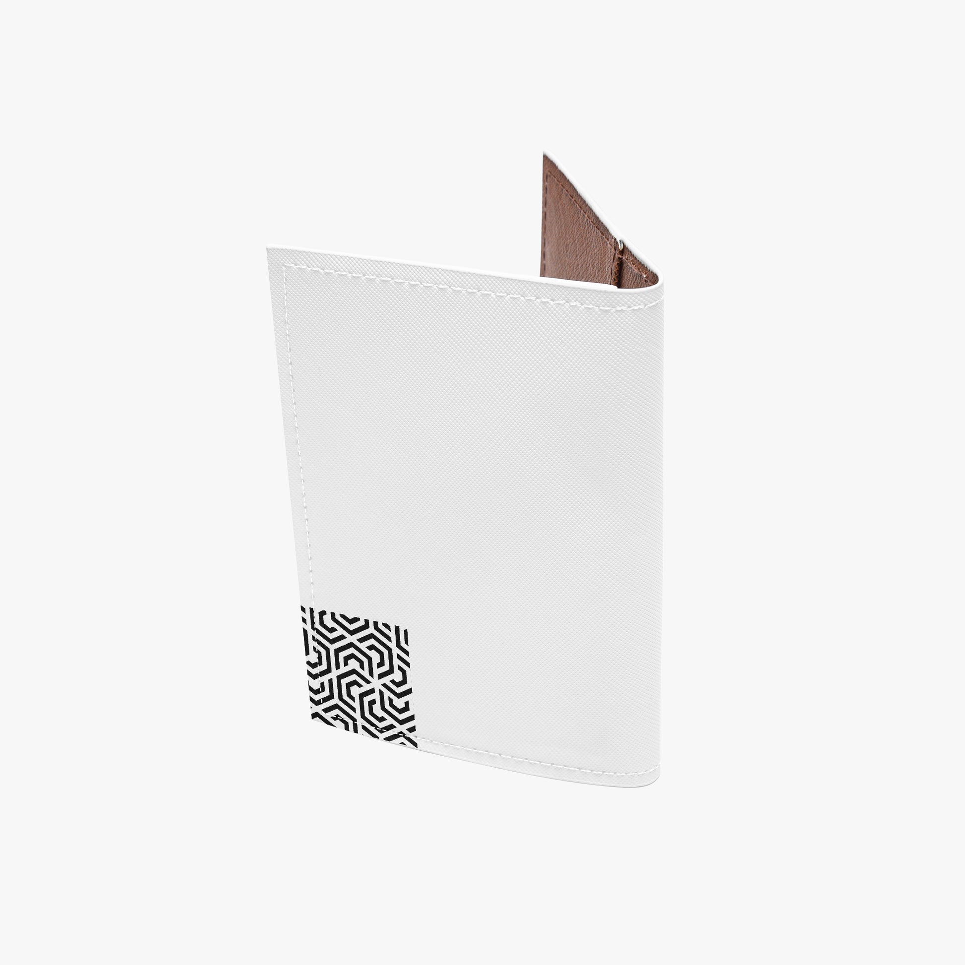 White wallet with geometric pattern on a white background