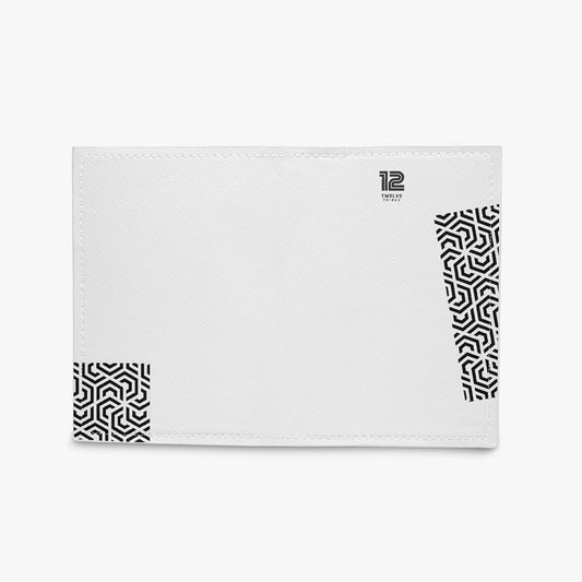White pouch with black geometric patterns on a white background