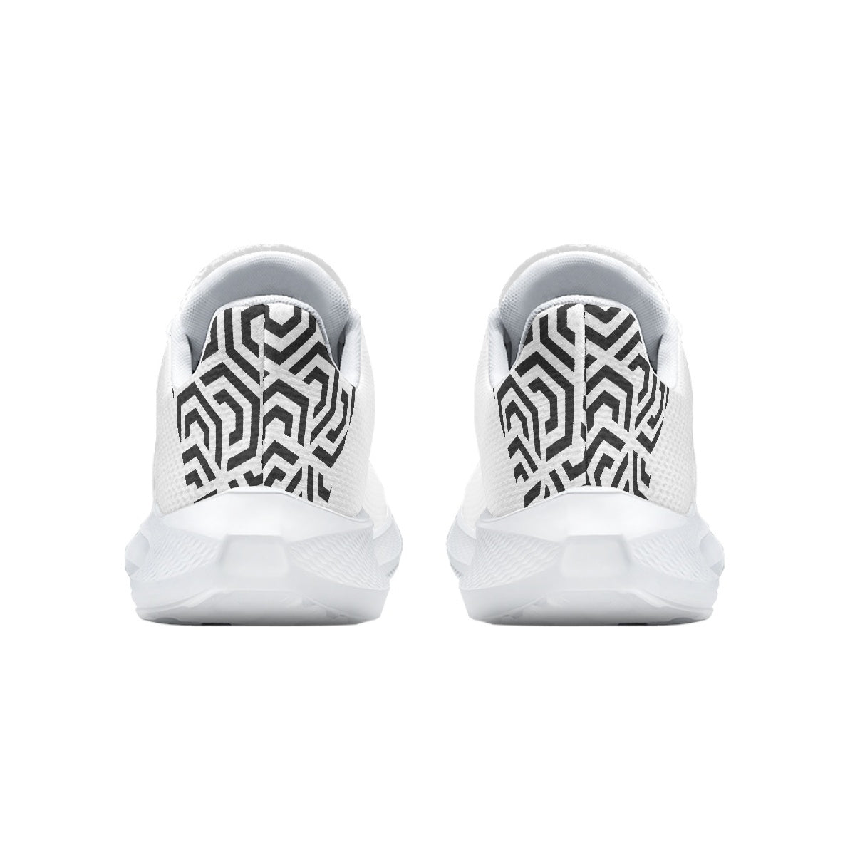 White sneakers with black geometric pattern on a white background