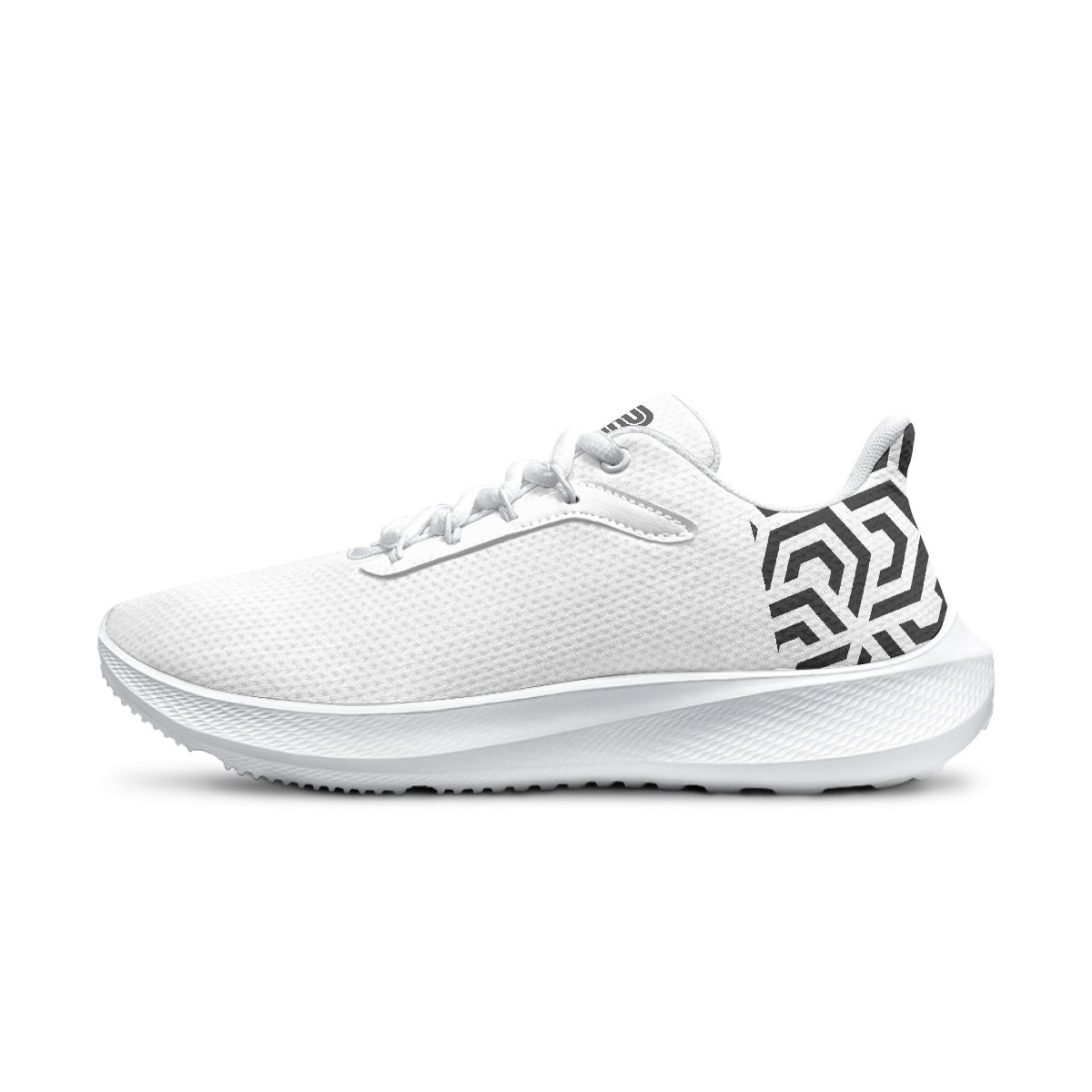 White athletic shoe with black geometric design on a white background