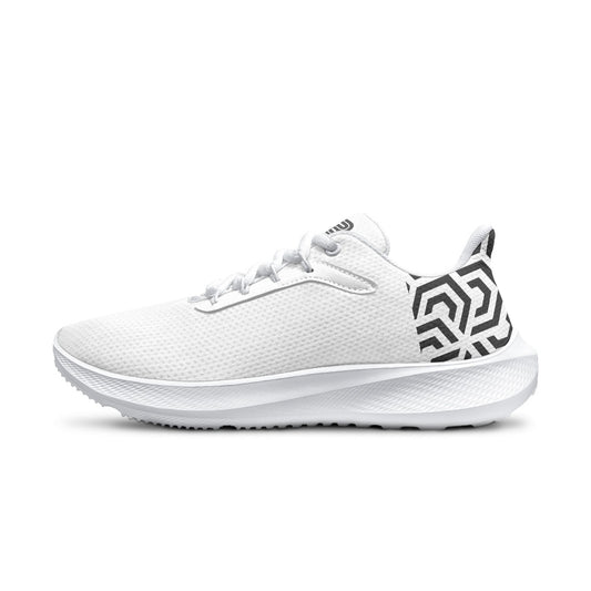 White athletic shoe with black geometric design on a white background
