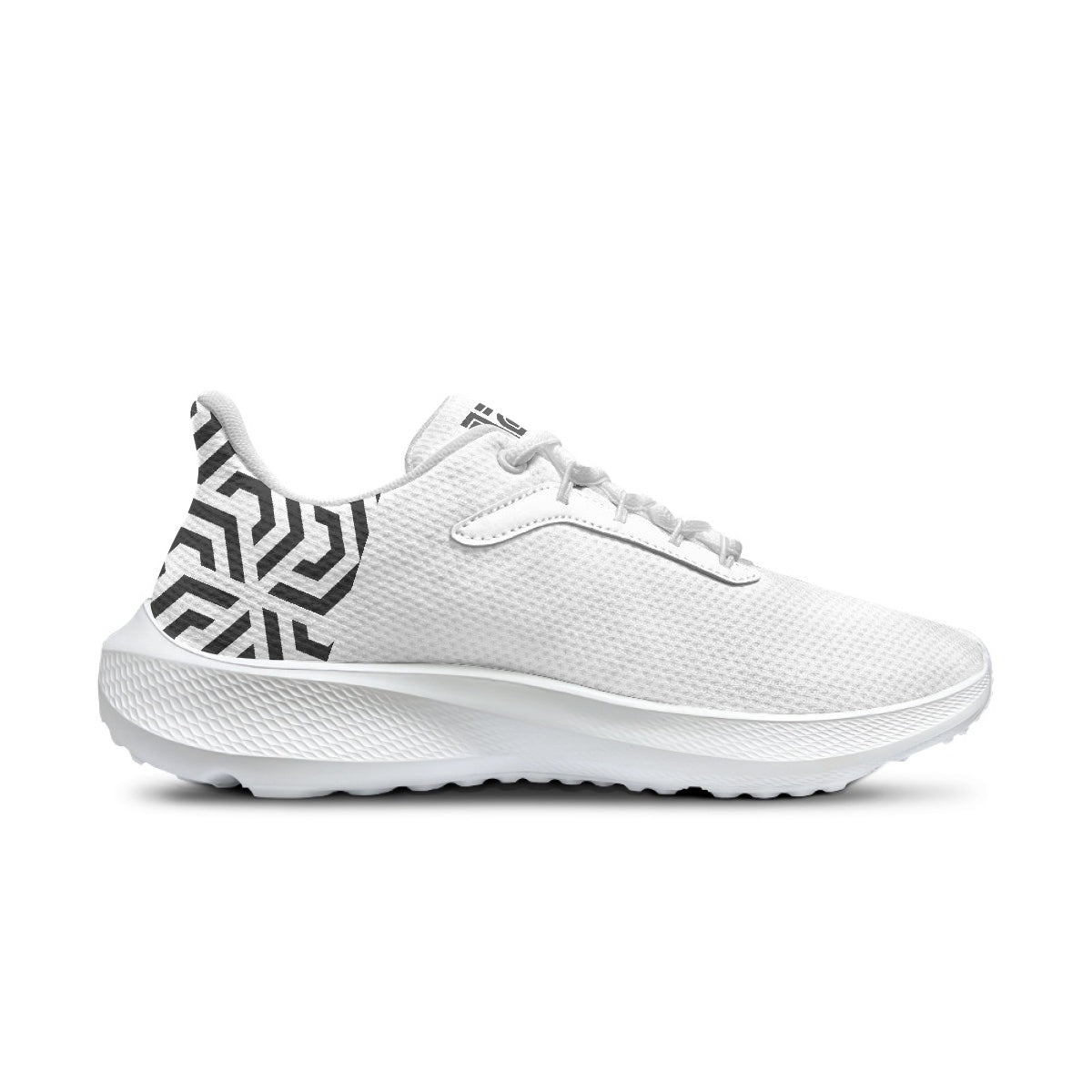 White sneaker with black geometric pattern on a white background
