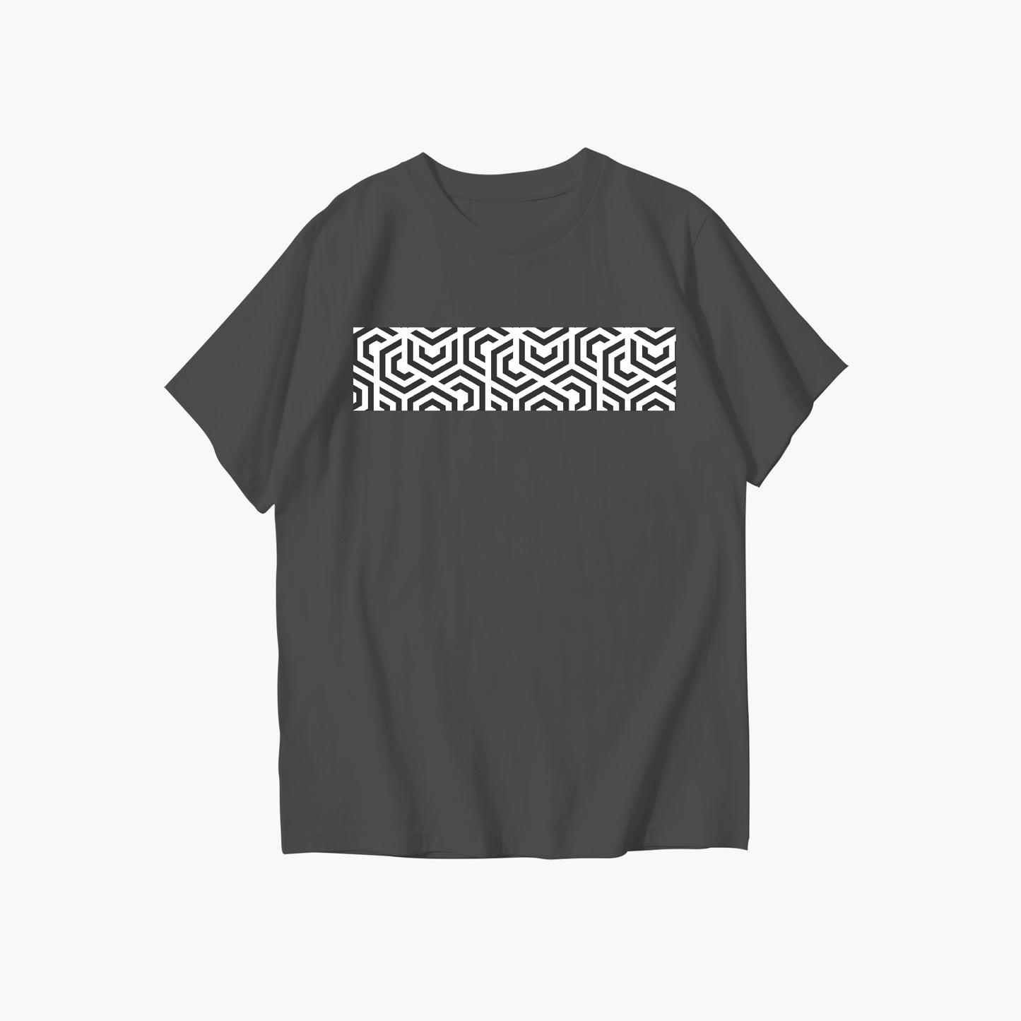 Black t-shirt with a white geometric pattern on the back against a white background