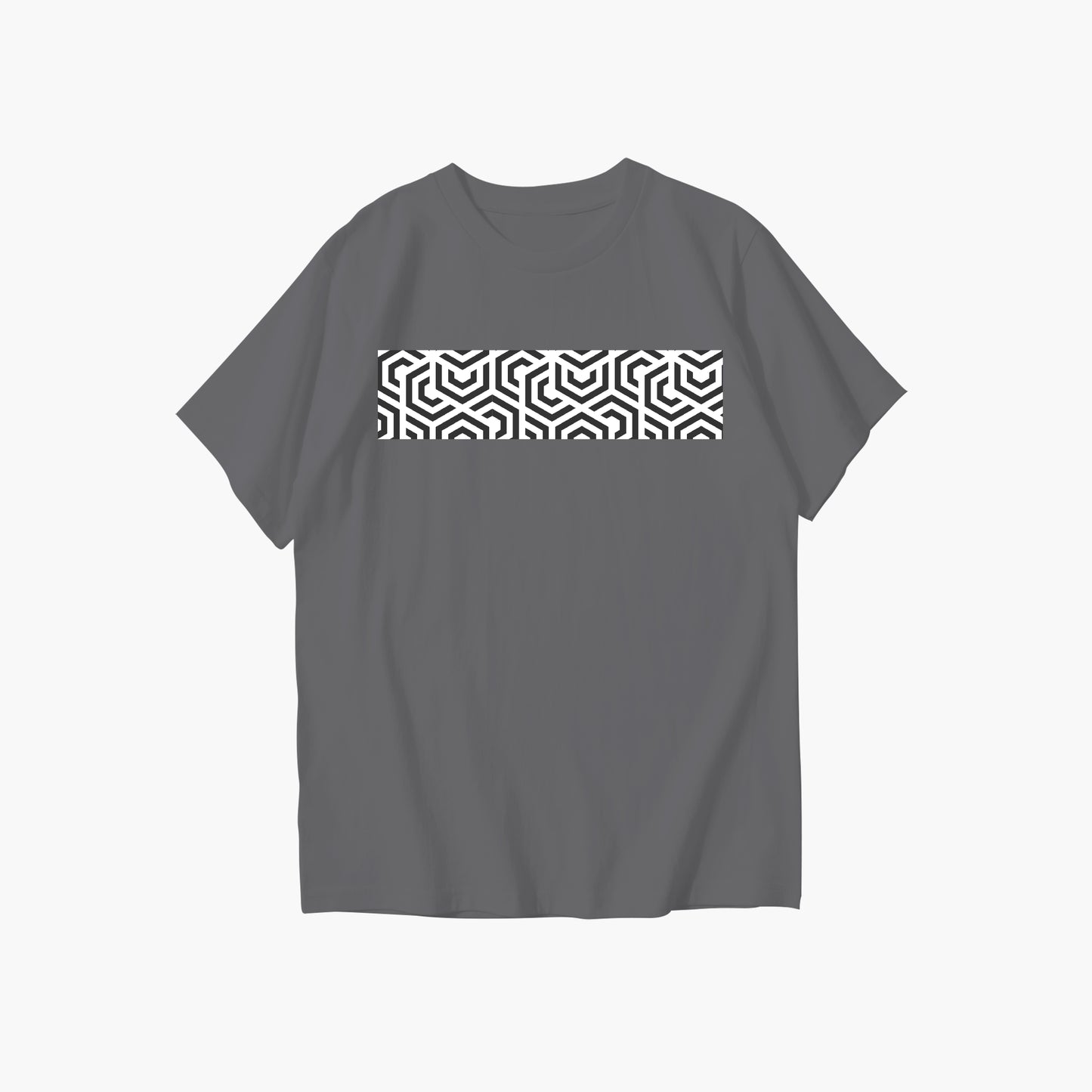 Gray t-shirt with a black and white geometric pattern on the back against a white background