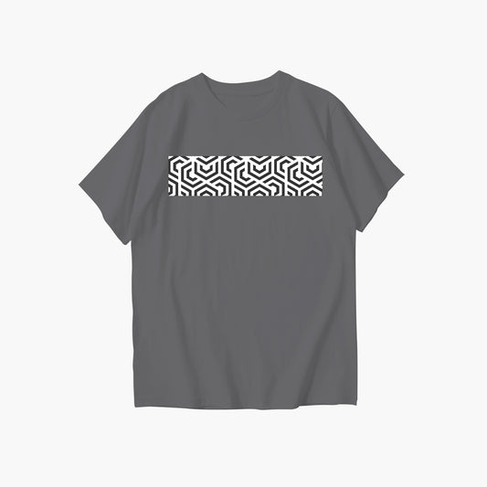 Gray t-shirt with a black and white geometric pattern on the back against a white background