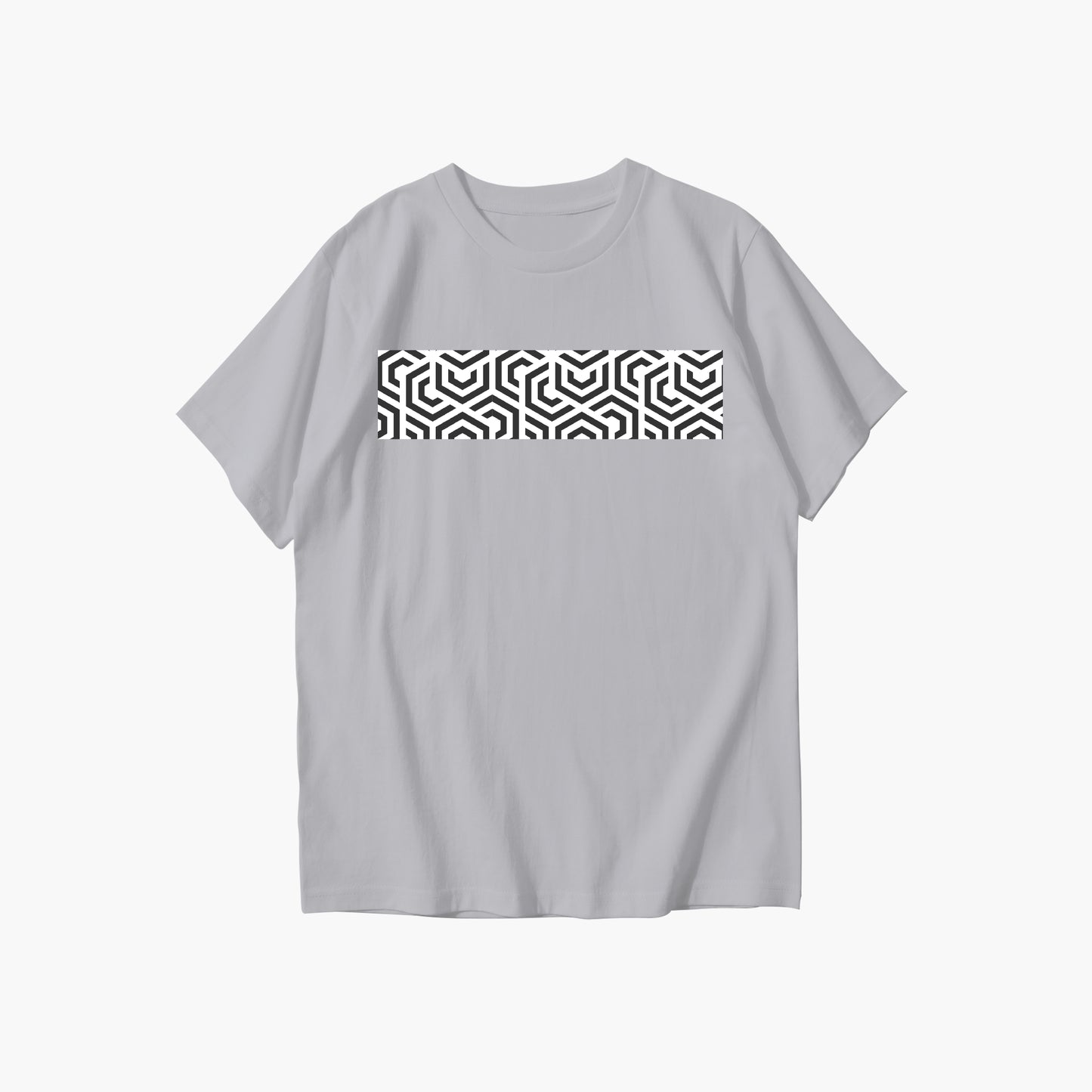 Gray t-shirt with a black and white geometric pattern on a white background