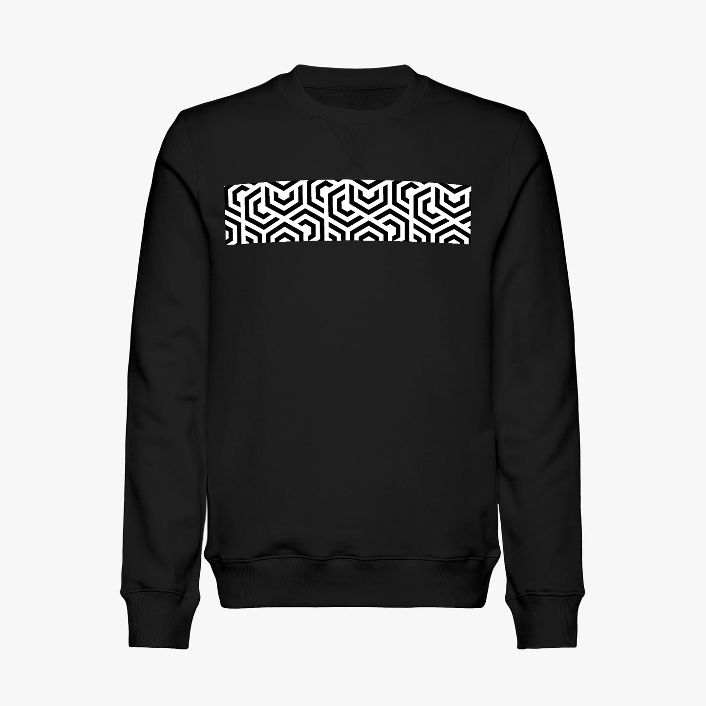 Black sweatshirt with a white geometric pattern on a white background