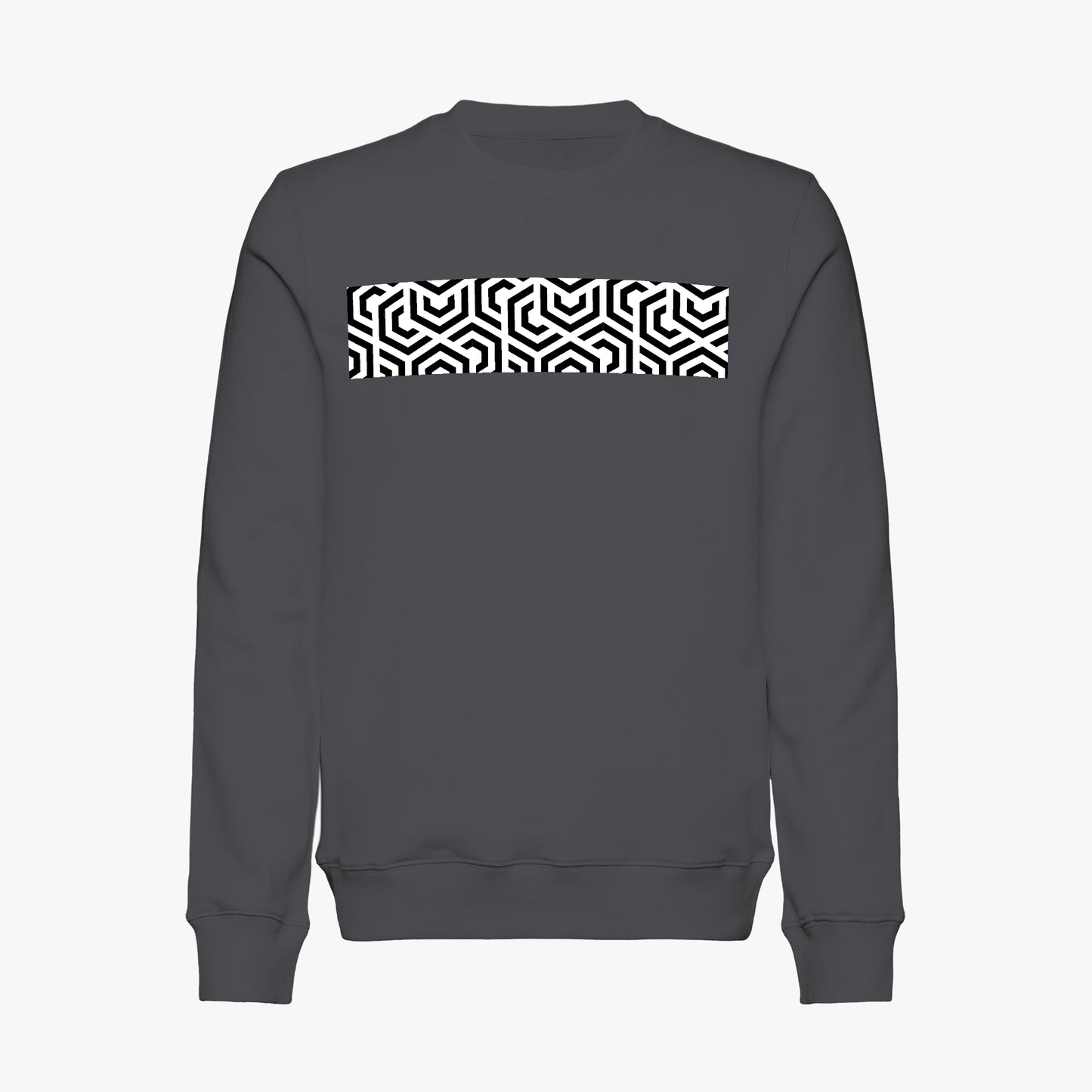 Dark gray sweatshirt with a black and white geometric pattern on a white background